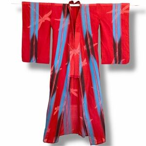 Vtg 1930s Japanese Ro Silk Kimono Robe Art Deco Dragonfly Ikat Sheer Red Duster